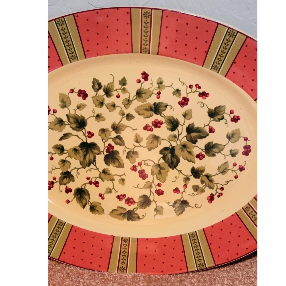 Waverly Floral Manor Oval Serving Platter Berry Vine Floral Pink Green
